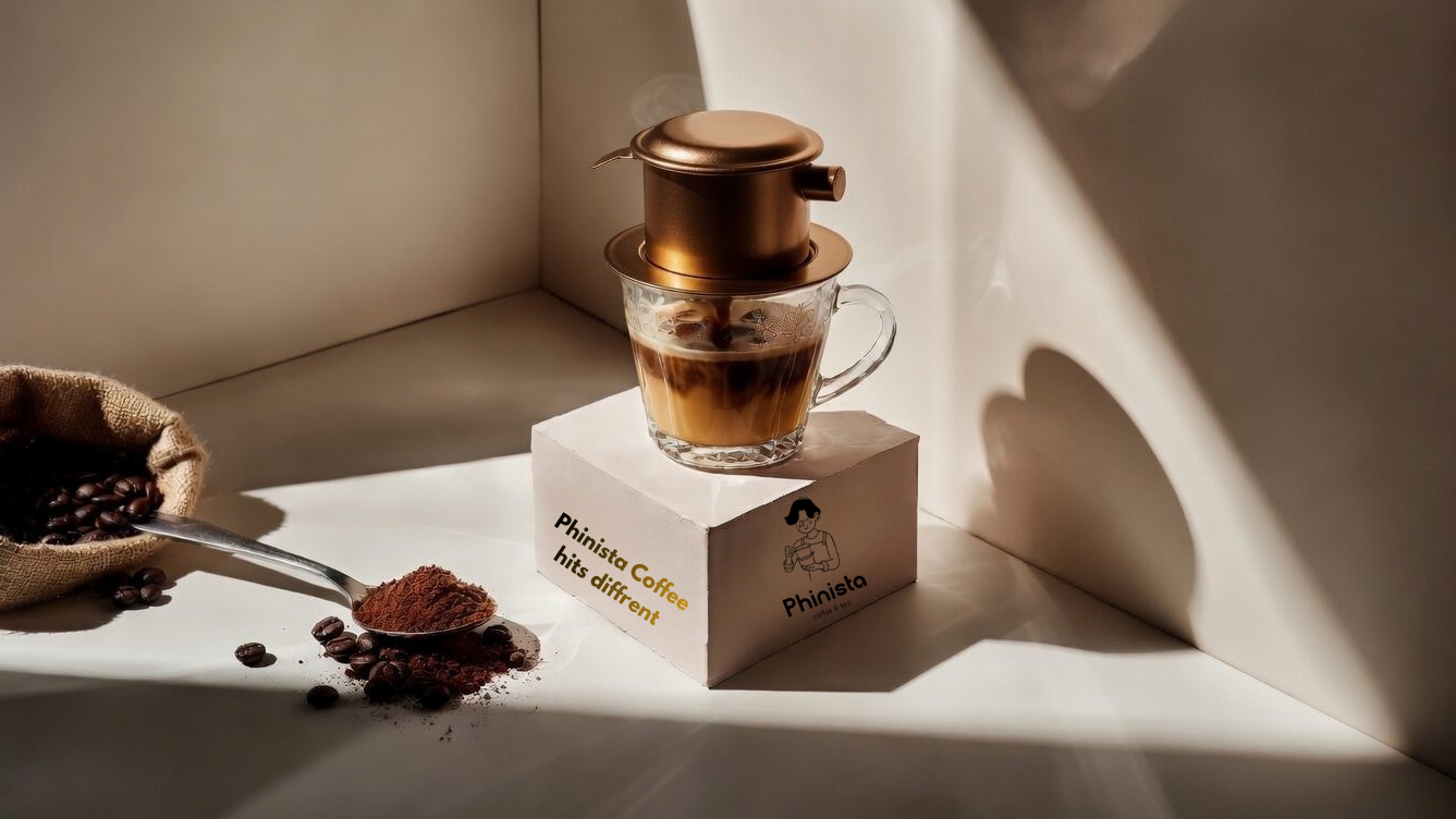 Drip coffee set with a glass of coffee and coffee beans on a light surface.